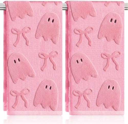 2 Pack Halloween Hand Towels 100% Cotton Jacquard Ghost Halloween Kitchen Towels White Bathroom Towels Set Seasonal Bathroom Decor (Bow and Ghost, Halloween)