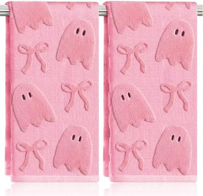 2 Pack Halloween Hand Towels 100% Cotton Jacquard Ghost Halloween Kitchen Towels White Bathroom Towels Set Seasonal Bathroom Decor (Bow and Ghost, Halloween)
