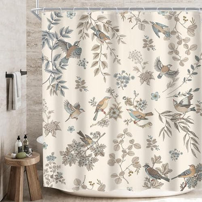 MESHELLY Floral and Birds Shower Curtain 60Wx72H Vintage Farmhouse Garden Flower Leaf Plant Beige Green Nature Elegant Chinoiserie Bath Curtain Cloth Fabric Bathroom Accessories Decor with 12 Hooks