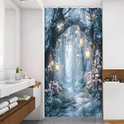 Fantasy Forest Path Shower Curtain Winter Fairy Magical Enchanted Misty Jungle Mushroom Floral Tree Butterfly Lantern Wonderland Bath Curtain Fabric Bathroom Accessories Decor with Hooks 47W x70L