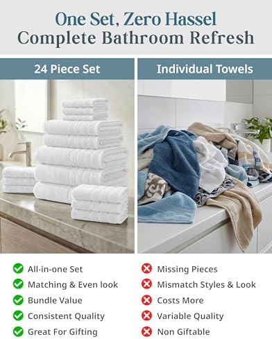 Casa Platino Bath Towel Set 100% Cotton 24 Piece Soft Absorbent - White