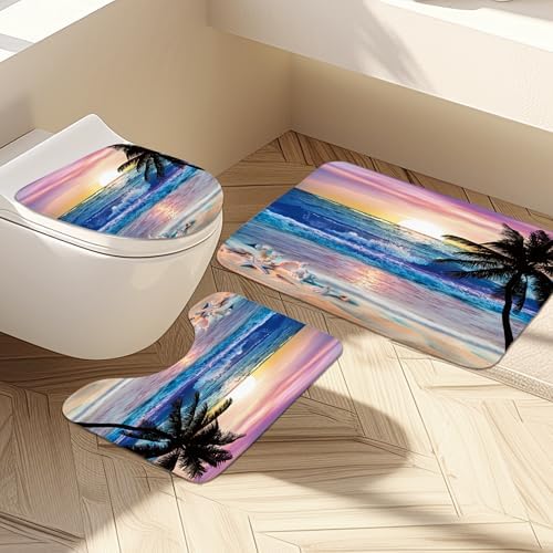 4Pcs Ocean Sunrise Beach Tropical Bathroom Shower Curtain Set with Rugs