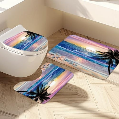 4Pcs Ocean Sunrise Beach Tropical Bathroom Shower Curtain Set with Rugs
