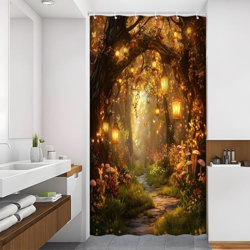 Fantasy Forest Path Shower Curtain Fall Fairy Magical Enchanted Misty Jungle Mushroom Floral Tree Butterfly Lantern Wonderland Bath Curtain Fabric Bathroom Accessories Decor with Hooks 47W x70L