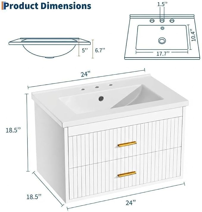 24 Inch Floating Bathroom Vanity with Sink - Modern Wall Mounted Vanity with Ceramic Sink, 2 Large Drawers, Waterproof & Easy Clean