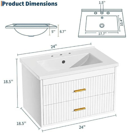 24 Inch Floating Bathroom Vanity with Sink - Modern Wall Mounted Vanity with Ceramic Sink, 2 Large Drawers, Waterproof & Easy Clean