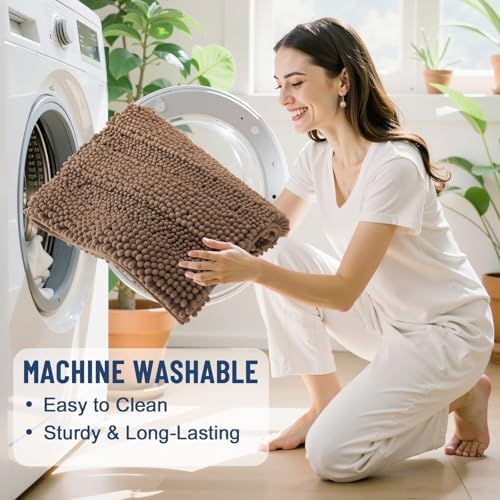 Grandaily Chenille Striped Bathroom Rugs 24x16, Extra Thick and Soft Absorbent Bath Mats, Rubber Backing, Plush Shaggy Shower Carpet, Machine Wash Dry, Bath Rug for Bathroom, Mocha