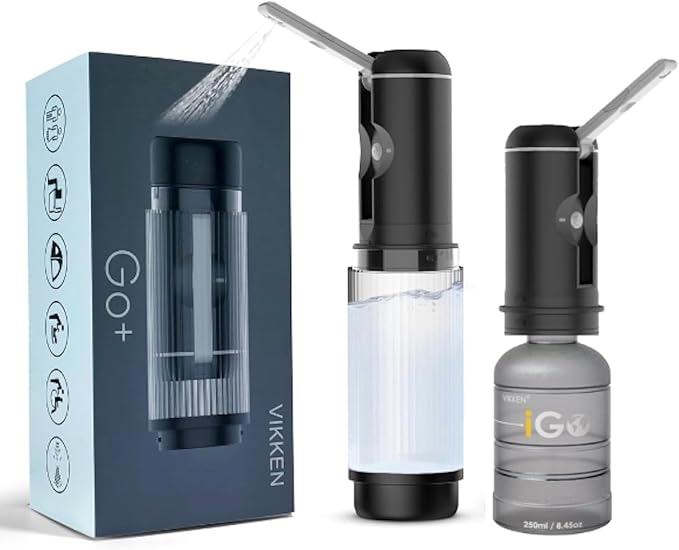 VIKKEN® Go+ Portable Travel Bidet Rechargeable, 300ml+250ml Classic | Handheld personal hygiene water jet, men and women; 3 pressure modes, long-press stop; 2 bottles, carry bag