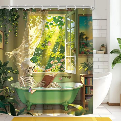 Skull Skeleton Gothic Spooky Green Botany Bathroom Shower Curtain Set