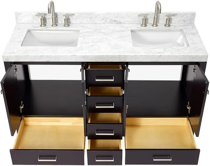 ARIEL Cambridge 60-inch Bathroom Vanity with Sink,Solid Wood, 2-inch Italian Carrara Marble Countertop, Double Rectangular Porcelain Sink, 4 Soft Closing Doors, 6 Dovetail Drawers, Espresso