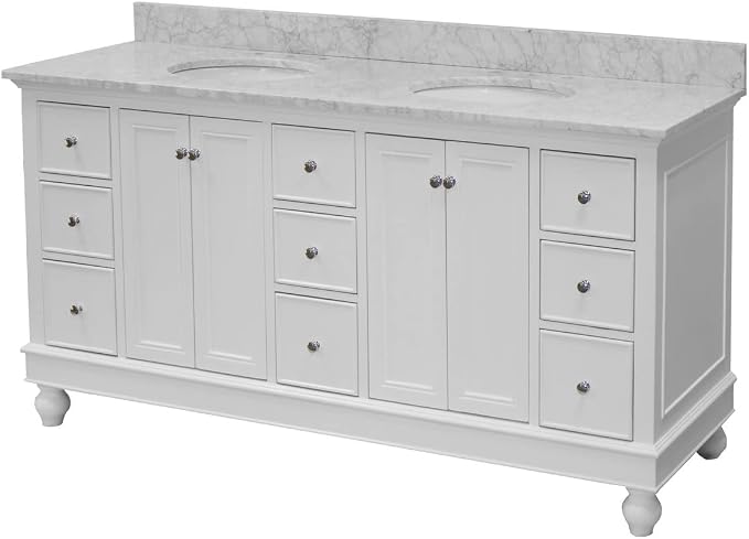 Bella 72-inch Double Bathroom Vanity (White/Carrara): Includes White Cabinet with Authentic Italian Carrara Marble Countertop and White Ceramic Sinks