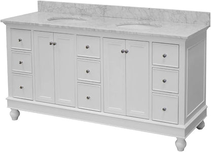 Bella 72-inch Double Bathroom Vanity (White/Carrara): Includes White Cabinet with Authentic Italian Carrara Marble Countertop and White Ceramic Sinks