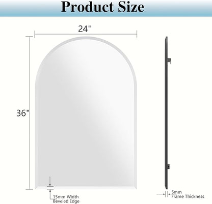 Frameless Bathroom Mirror, 24"x36" Beveled Arched Vanity Mirrors | Frameless, 15mm beveled edge, 5mm HD glass, shatterproof, anti-rust, french cleat, for bathroom/bedroom/entryway