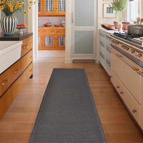 ZALL Dark Grey Waffle Bath Mat,Super Absorbent Non Slip Bathroom Rug, Gray 24x60inch, Machine Washable Ultra Soft Floor Mats