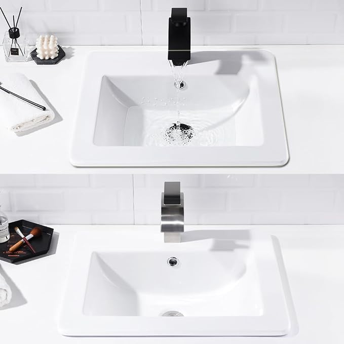 21x18 White Vessel Bathroom Sink Drop In Ceramic Vanity | Vessel Sink, 21x18" White Ceramic Bathroom Sink, Drop In Rectangular Vanity, Semi Recessed, with Overflow, Easy Clean