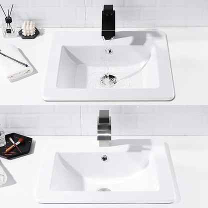 21x18 White Vessel Bathroom Sink Drop In Ceramic Vanity | Vessel Sink, 21x18" White Ceramic Bathroom Sink, Drop In Rectangular Vanity, Semi Recessed, with Overflow, Easy Clean