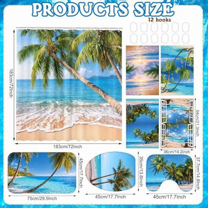 FuWeave 8 Pcs Tropical Beach Shower Curtain Set Summer Palm Tree Bathroom Decor Sea Ocean Waterproof Bathroom Accessories Shower Curtain Sets with Towels Carpet Bath Mat Toilet Rugs and 12 Hooks