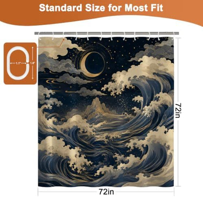 Japanese Style Ocean Waves Waterproof Coastal Shower Curtain with Hooks