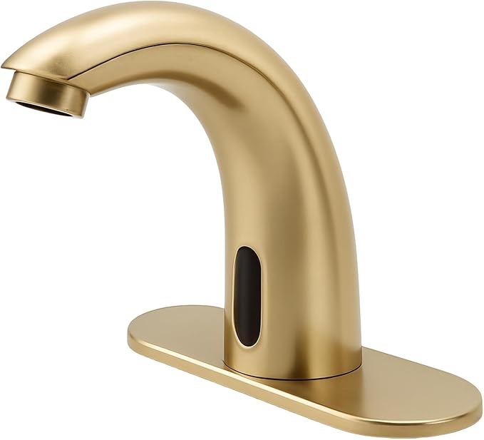 Brushed Gold Touchless Bathroom Sink Faucet - Battery Operated Automatic Motion Sensor Hands Free Faucet with Hot and Cold Mixing Valve