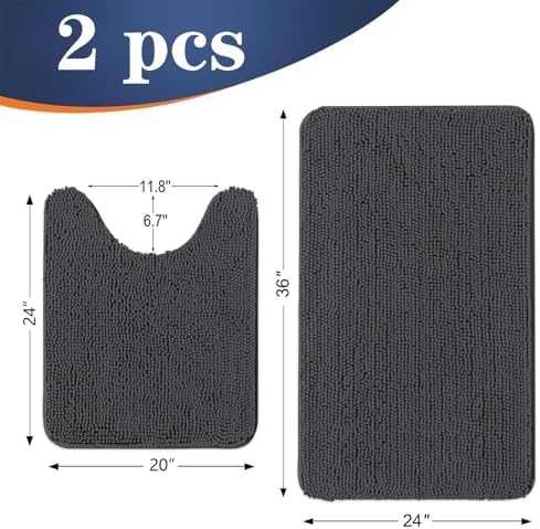 OLANLY Chenille Bathroom Rugs Mats Sets 2 Piece, 36"x24"+24"x20", Dark Grey