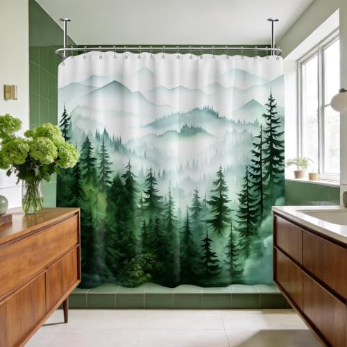Dark Green and White Extra Wide Shower Curtain, 108X72 in for Clawfoot Tub