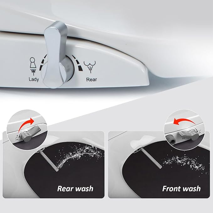 Non-Electric Bidet Toilet Seat Attachment with Dual Nozzles, Quiet Slow Close Toilet Seat, Adjustable Water Pressure, Easy Installation (Elongated)