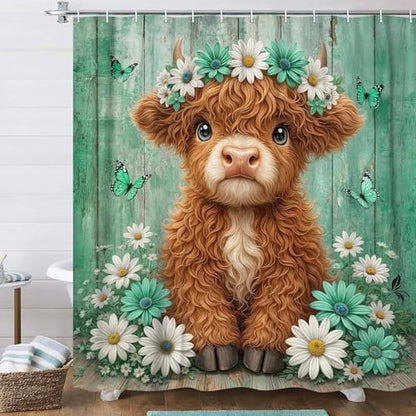 Cute Cow Shower Curtain, Farmhouse Rustic Green Floral Daisy Highland Cow Shower Curtains for Bathroom, Calf Country Farm Animal Garden Plant Fabric Bathroom Decor with Hooks, 36x72 inch