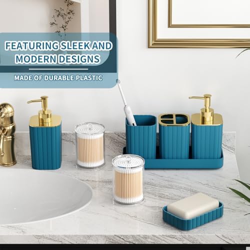XLHOMO Bathroom Accessory Set - 26PC Bathroom Shower Curtain and Rug Set, Bathroom Accessories Set, Teal Bathroom Set with Trash Can, Toilet Brush, Qtip Holder & Soap Dispenser