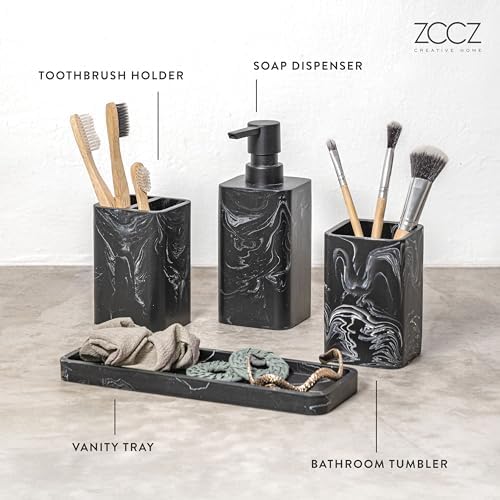ZCCZ Bathroom Accessory Sets, 4 Pieces Bathroom Accessories Complete Set Vanity Countertop Accessory Set, Includes Lotion Dispenser Soap Pump, Tumbler, Toothbrush Holder and Tray (Black Marble Look)
