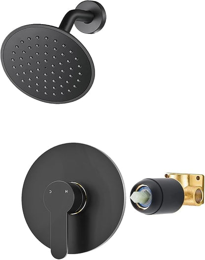 Black Shower Faucet Set with Valve, Black Shower Head and Handle Set 6 Inch Showerhead