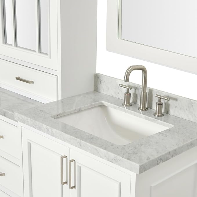 ARIEL Stafford 84-inch Bathroom Vanity with Sink,Solid Wood, 1.5-inch Italian Carrara Marble Countertop, Double Rectangular Porcelain Sink, 5 Soft Closing Doors, 6 Dovetail Drawers, White