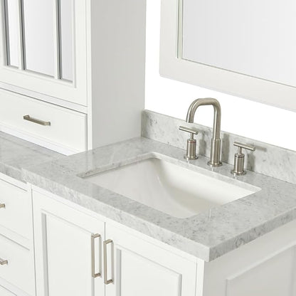 ARIEL Stafford 84-inch Bathroom Vanity with Sink,Solid Wood, 1.5-inch Italian Carrara Marble Countertop, Double Rectangular Porcelain Sink, 5 Soft Closing Doors, 6 Dovetail Drawers, White