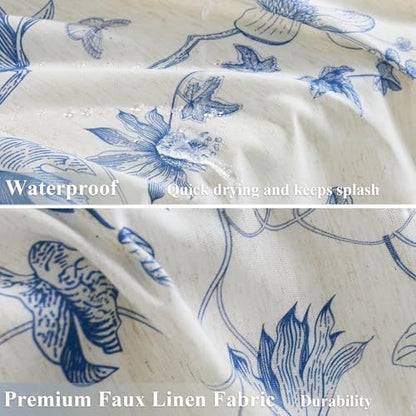 ORTIGIA Linen Shower Curtain Farmhouse Vintage Blue Birds Floral Shower Curtains Spring Summer Boho Rustic Cottagecore Decor for Bathroom 72 W x 72 L
