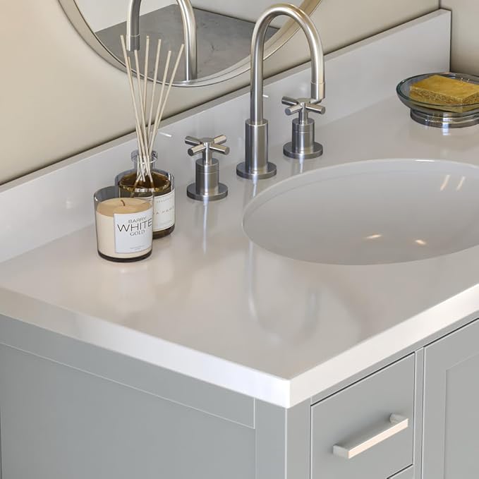 ARIEL Cambridge 42-inch Bathroom Vanity with Sink,Solid Wood, 1.5-inch Pure White Quartz Countertop & Backsplash, Single Oval Porcelain Sink, 2 Soft Closing Doors, 9 Dovetail Drawers, Grey