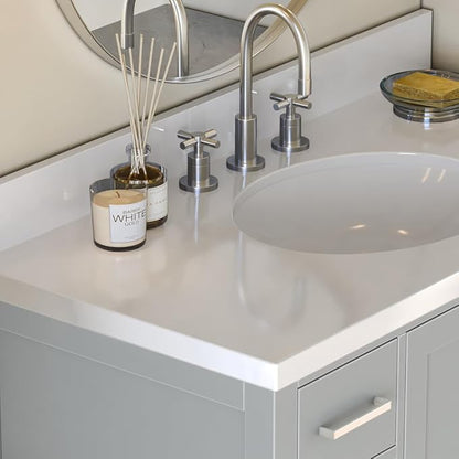 ARIEL Cambridge 42-inch Bathroom Vanity with Sink,Solid Wood, 1.5-inch Pure White Quartz Countertop & Backsplash, Single Oval Porcelain Sink, 2 Soft Closing Doors, 9 Dovetail Drawers, Grey