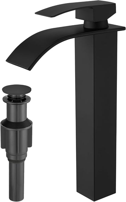 RUMOSE Tall Bathroom Faucet Matte Black Vessel Sink Faucet with Pop Up Drain Modern Single Handle One Hole Waterfall Vanity Tap, Stainless Steel