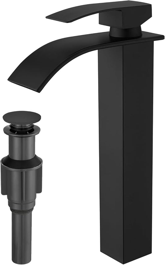 RUMOSE Tall Bathroom Faucet Matte Black Vessel Sink Faucet with Pop Up Drain Modern Single Handle One Hole Waterfall Vanity Tap, Stainless Steel