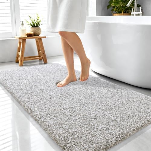 OLANLY Microfiber Bathroom Rugs 44x24, Quick Dry Bath Mat, Greige and White