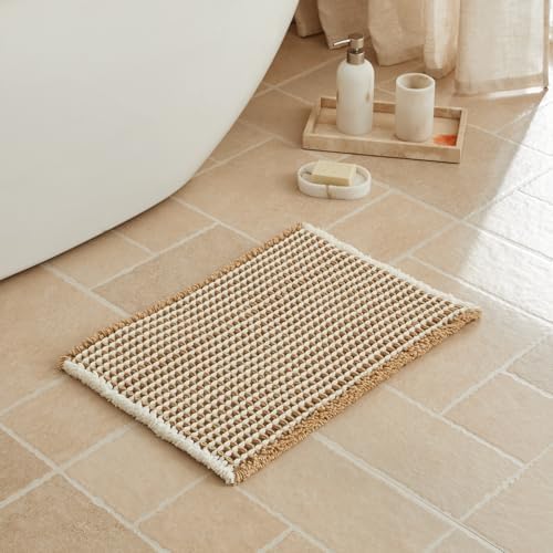 Triohero Waffle Bath Mat, Small Boho Bathroom Rugs, 16x24 Khaki & White