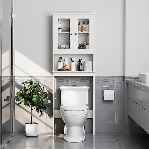 Over The Toilet Storage Cabinet for Bathroom, White Storage Organizer Over Toilet, Space Saver with Tempered Glass Doors, White