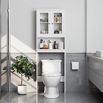 Over The Toilet Storage Cabinet for Bathroom, White Storage Organizer Over Toilet, Space Saver with Tempered Glass Doors, White