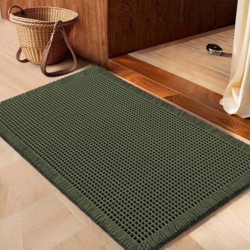 IM HOME Waffle Bath Mat Dark Green 36"x24", Boho Woven Modern Bath Mat Rugs, Absorbent Non Slip Bathroom Rugs, Soft Washable Bath Rugs with Tassels for Bathroom, Bedroom, Kitchen, Shower, Tub