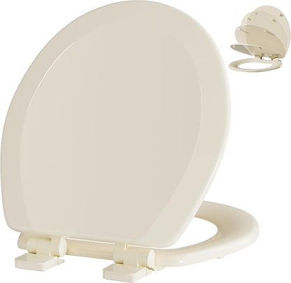 Angol Shiold Quiet-Close Molded Wood Toilet Seat with Non-Slip Adjustable Hinges, Anti-Pinch Bumpers, Easy Install & Clean（Biscuit, Round 16.5''）