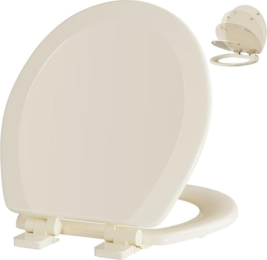Angol Shiold Quiet-Close Molded Wood Toilet Seat with Non-Slip Adjustable Hinges, Anti-Pinch Bumpers, Easy Install & Clean（Biscuit, Round 16.5''）