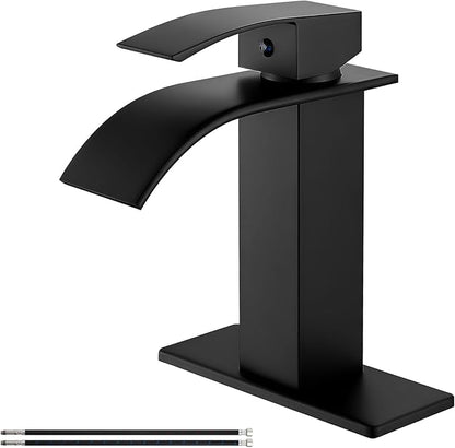 Airuida Matte Black Waterfall Bathroom Faucet, Single Handle Single Hole Bathroom Sink Faucet Deck Mount Mixer Tap with Deck Plate, Rv Lavatory Vanity Washbasin Faucet
