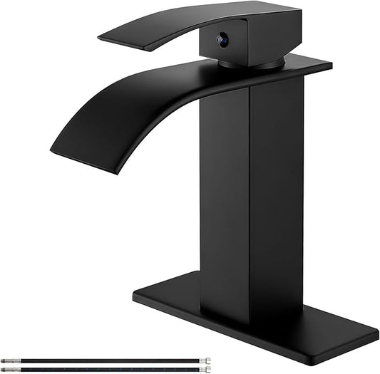 Airuida Matte Black Waterfall Bathroom Faucet, Single Handle Single Hole Bathroom Sink Faucet Deck Mount Mixer Tap with Deck Plate, Rv Lavatory Vanity Washbasin Faucet