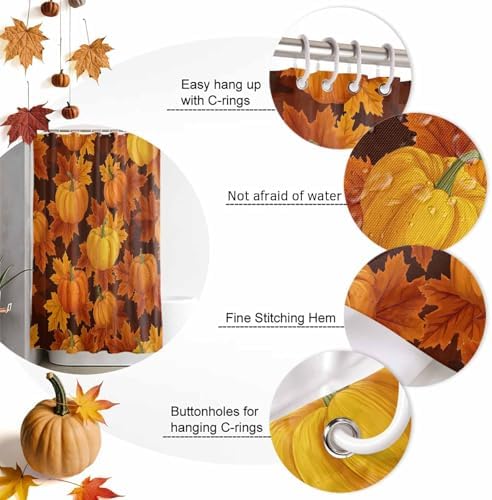 Shower Curtain Bathroom Set Thanksgiving Pumpkin Fall Orange Maple Leaf Waterproof Shower Curtains with Grommets Hooks Autumn Watercolor Leaves Privacy Bath Curtain for Bathtub Decor 60x72in