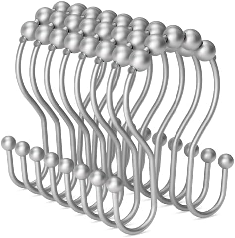 Shower Curtain Hooks Silver, Bathway Shower Curtain Rings Rust Proof, Shower Hooks for Shower Curtain Balanced Smooth Glide Double Shower Curtain Hooks, 12 Pcs
