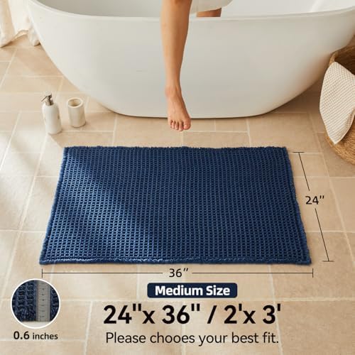 Triohero Waffle Bath Mat, Boho Bathroom Rugs Non Slip, 24x36 Navy Blue