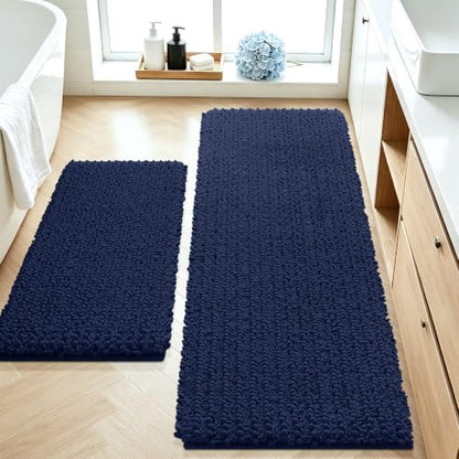 ACCUMTEK Upgrade Luxury 2 Piece Navy Blue Toilet Bathroom Rug Mat 48"x20"+24"x17", Ultra Soft Thick Absorbent Bath Mats, Non Slip Chenille Toilet Mat for Bathroom, Bedroom, Kitchen, Shower, Tub